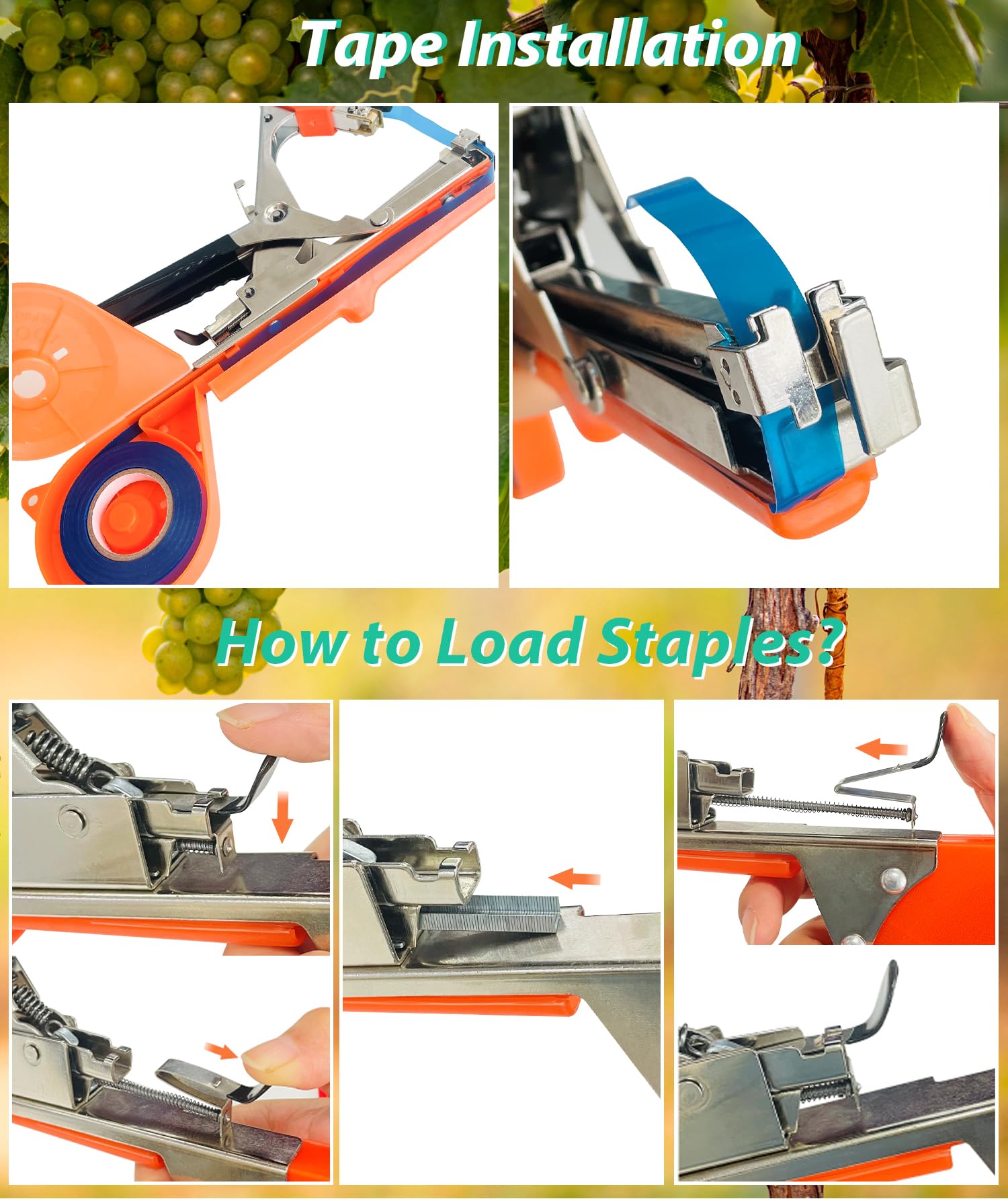 Sutekus Plant Tying Machine Garden Tape Tool Including Tapes, Staples andSpare Parts, Tomatoes Peppers and Cucumbers Tape Tool Fruit Twine Tool, Orange